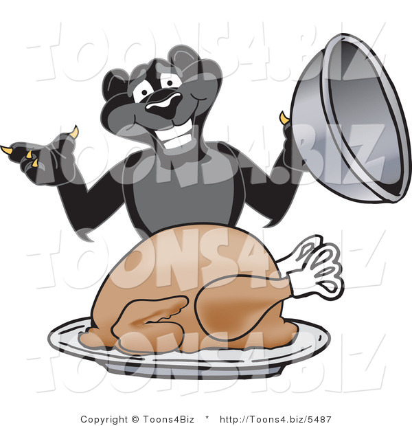 Vector Illustration of a Cartoon Black Jaguar Mascot Serving a Turkey
