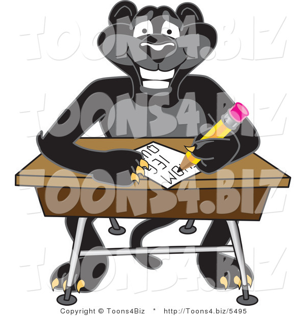 Vector Illustration of a Cartoon Black Jaguar Mascot Taking a Quiz