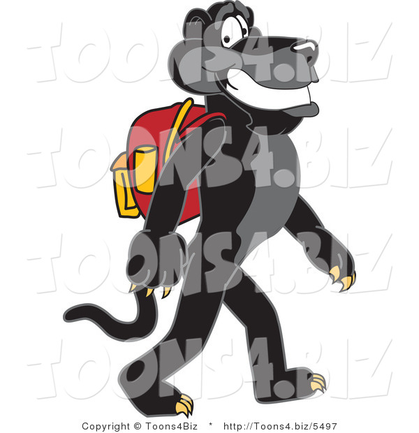 Vector Illustration of a Cartoon Black Jaguar Mascot Walking to School