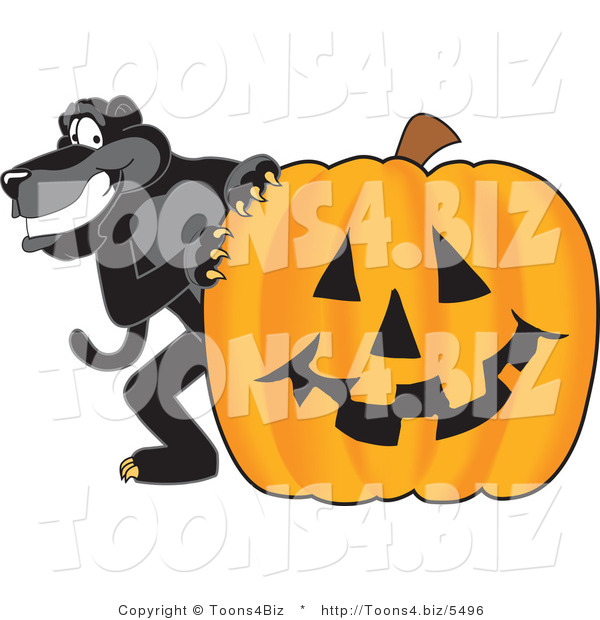 Vector Illustration of a Cartoon Black Jaguar Mascot with a Halloween Pumpkin