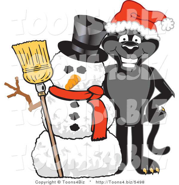 Vector Illustration of a Cartoon Black Jaguar Mascot with a Snowman
