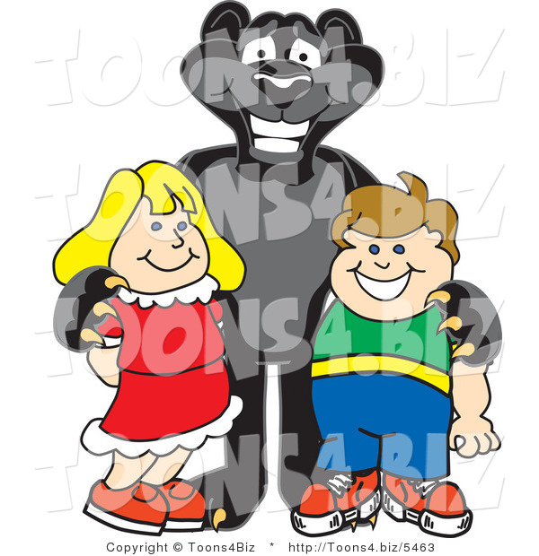 Vector Illustration of a Cartoon Black Jaguar Mascot with Children