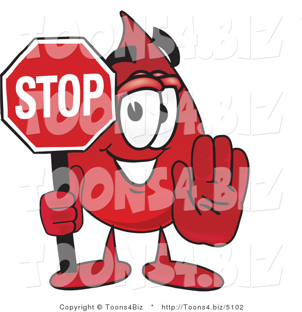 Vector Illustration of a Cartoon Blood Droplet Mascot Holding a Stop Sign