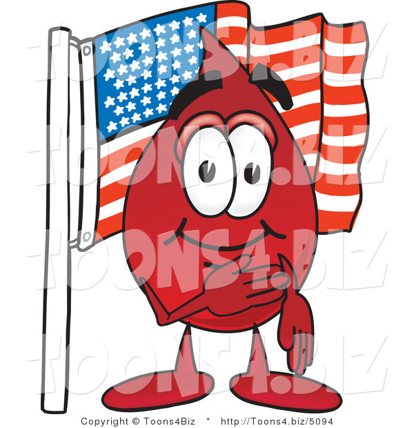Vector Illustration of a Cartoon Blood Droplet Mascot Pledging Allegiance to an American Flag
