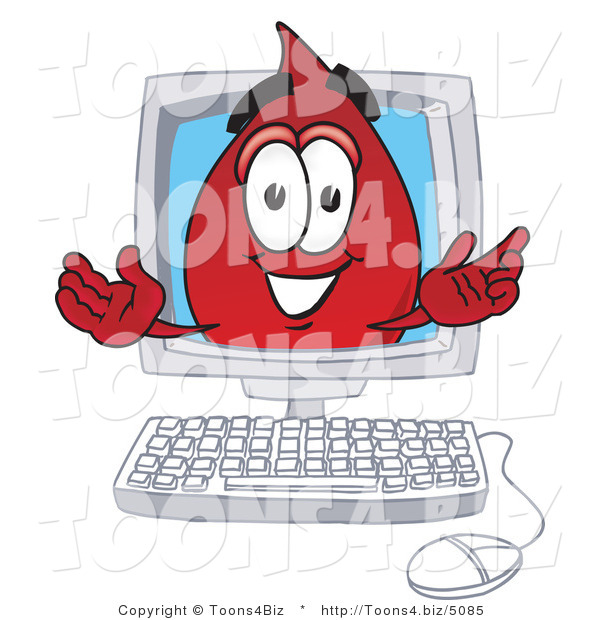 Vector Illustration of a Cartoon Blood Droplet Mascot Waving from Inside a Computer Screen