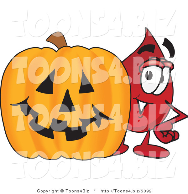 Vector Illustration of a Cartoon Blood Droplet Mascot with a Carved Halloween Pumpkin