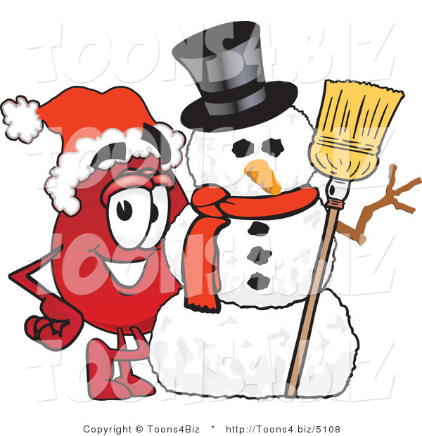 Vector Illustration of a Cartoon Blood Droplet Mascot with a Snowman on Christmas