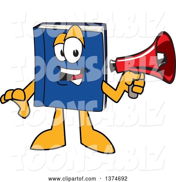 Vector Illustration of a Cartoon Blue Book Mascot Announcing with a Megaphone