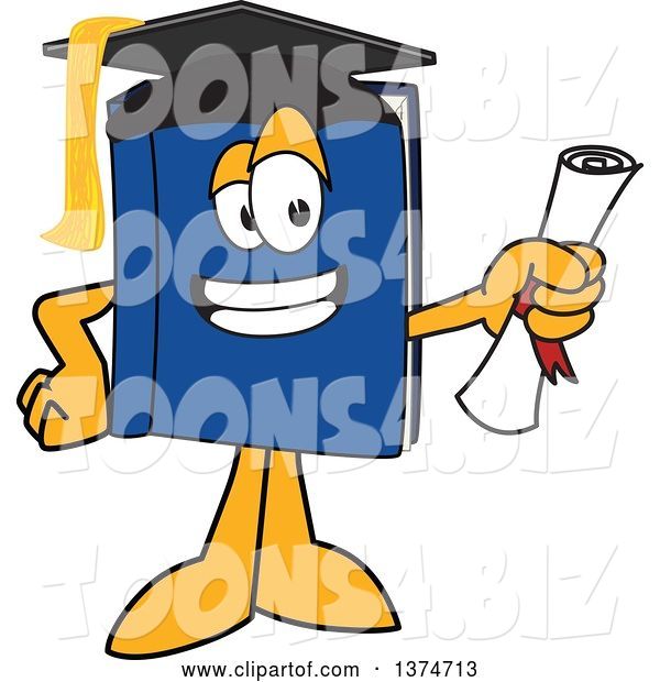Vector Illustration of a Cartoon Blue Book Mascot Graduate Holding a Diploma
