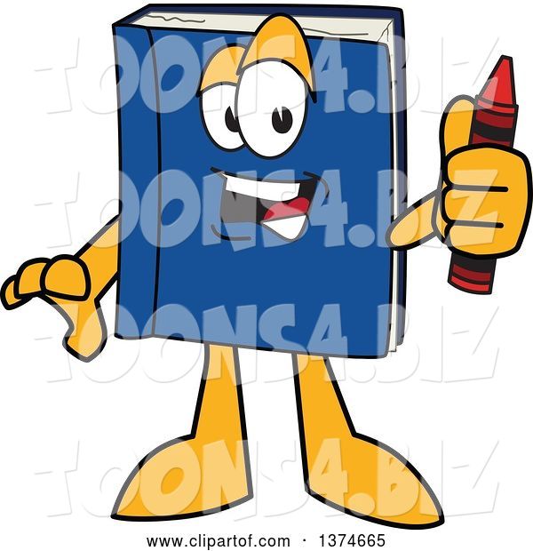 Vector Illustration of a Cartoon Blue Book Mascot Holding a Crayon
