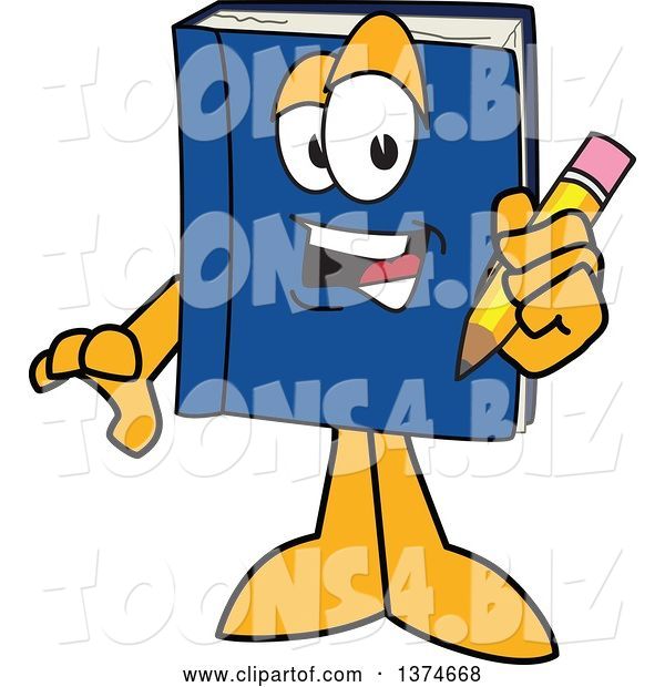Vector Illustration of a Cartoon Blue Book Mascot Holding a Pencil