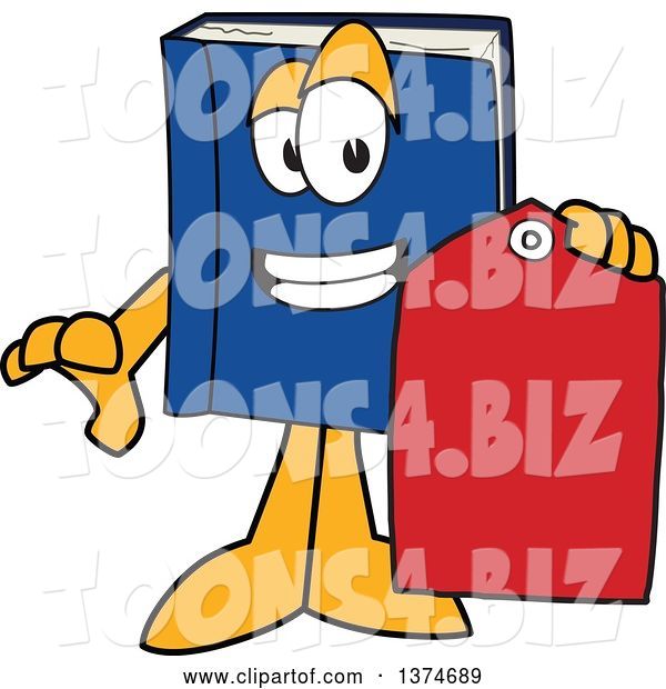 Vector Illustration of a Cartoon Blue Book Mascot Holding a Sales Price Tag