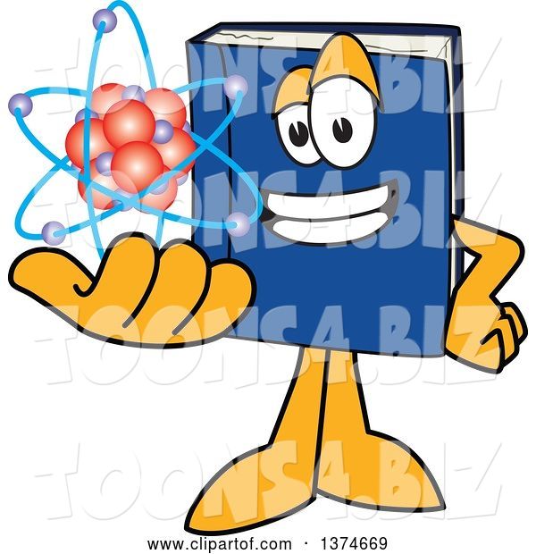 Vector Illustration of a Cartoon Blue Book Mascot Holding an Atom