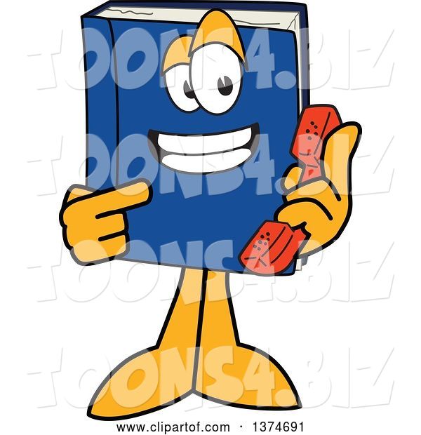 Vector Illustration of a Cartoon Blue Book Mascot Holding and Pointing to a Telephone Receiver