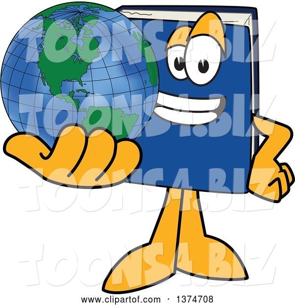 Vector Illustration of a Cartoon Blue Book Mascot Holding out a Globe