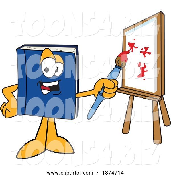 Vector Illustration of a Cartoon Blue Book Mascot Painting Art on a Canvas