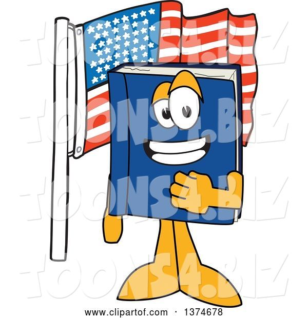 Vector Illustration of a Cartoon Blue Book Mascot Pledging Allegiance by an American Flag