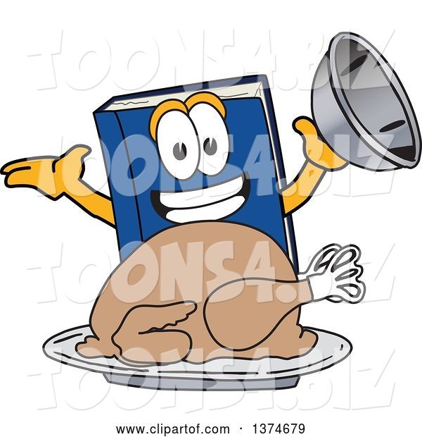 Vector Illustration of a Cartoon Blue Book Mascot Serving a Roasted Thanksgiving Turkey