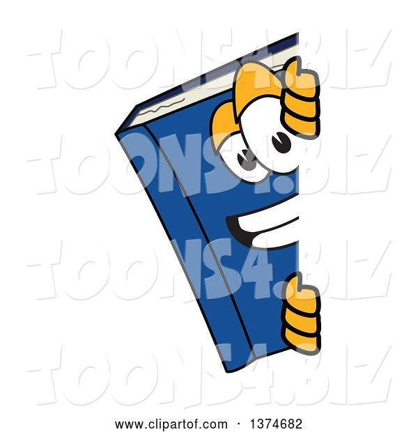 Vector Illustration of a Cartoon Blue Book Mascot Smiling Around a Sign
