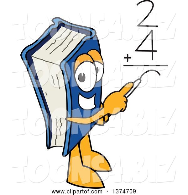 Vector Illustration of a Cartoon Blue Book Mascot Solving a Math Addition Problem