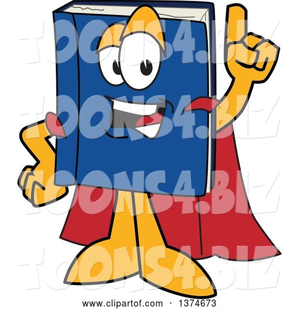 Vector Illustration of a Cartoon Blue Book Mascot Super Hero Holding up a Finger