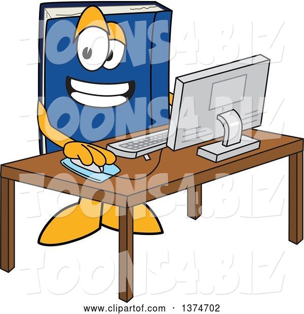 Vector Illustration of a Cartoon Blue Book Mascot Using a Desktop Computer