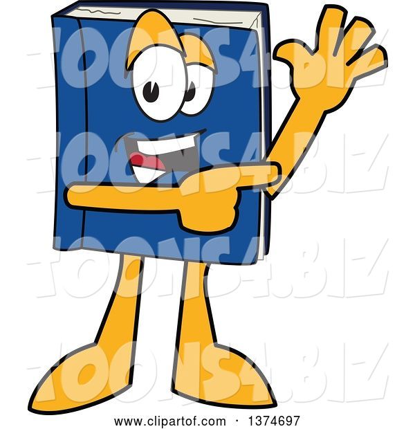 Vector Illustration of a Cartoon Blue Book Mascot Waving and Pointing