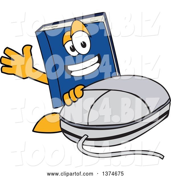 Vector Illustration of a Cartoon Blue Book Mascot Waving by a Computer Mouse