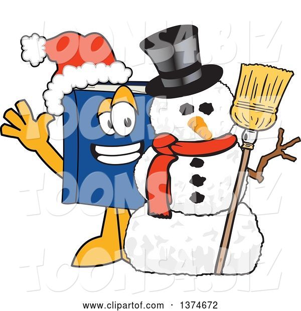 Vector Illustration of a Cartoon Blue Book Mascot Wearing a Christmas Santa Hat and Waving by a Snowman