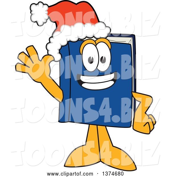 Vector Illustration of a Cartoon Blue Book Mascot Wearing a Christmas Santa Hat and Waving