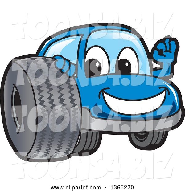 Vector Illustration of a Cartoon Blue Car Mascot Gesturing Ok by a Tire