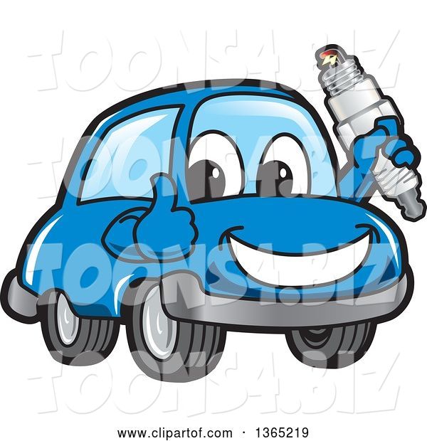 Vector Illustration of a Cartoon Blue Car Mascot Giving a Thumb up and Holding a Spark Plug