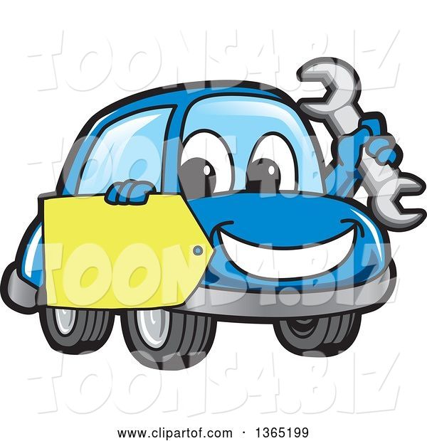 Vector Illustration of a Cartoon Blue Car Mascot Holding a Wrench and a Tag
