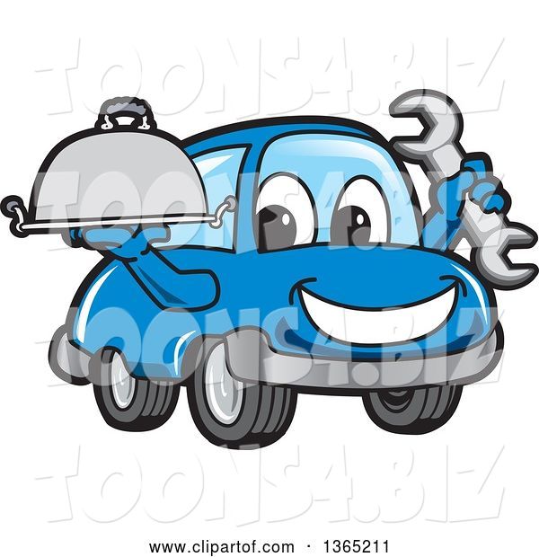 Vector Illustration of a Cartoon Blue Car Mascot Holding a Wrench and Cloche Platter