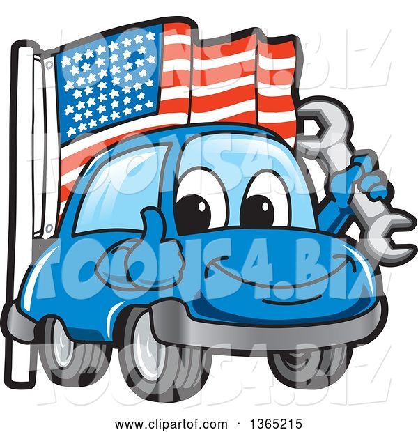 Vector Illustration of a Cartoon Blue Car Mascot Holding a Wrench and Giving a Thumb up by an American Flag