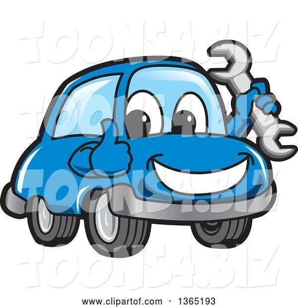 Vector Illustration of a Cartoon Blue Car Mascot Holding a Wrench and Giving a Thumb up
