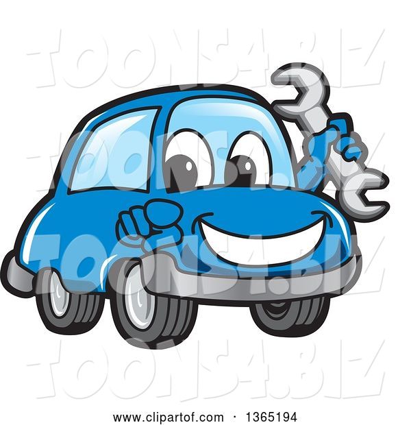 Vector Illustration of a Cartoon Blue Car Mascot Holding a Wrench and Pointing at the Viewer