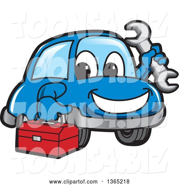 Vector Illustration of a Cartoon Blue Car Mascot Holding a Wrench and Tool Box