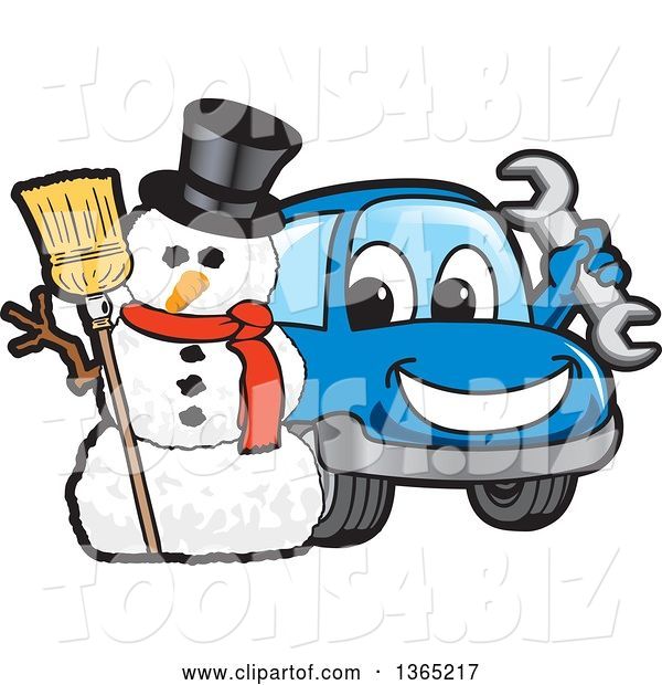 Vector Illustration of a Cartoon Blue Car Mascot Holding a Wrench by a Christmas Snowman