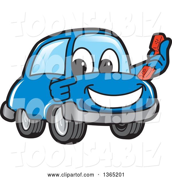 Vector Illustration of a Cartoon Blue Car Mascot Holding and Pointing to a Phone