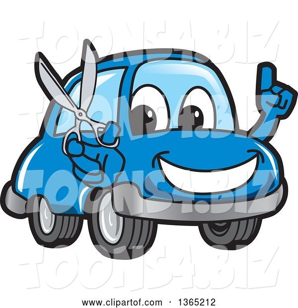 Vector Illustration of a Cartoon Blue Car Mascot Holding up a Finger and Scissors