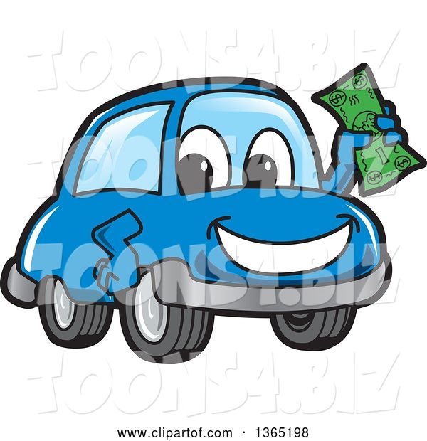 Vector Illustration of a Cartoon Blue Car Mascot Holding up Cash Money