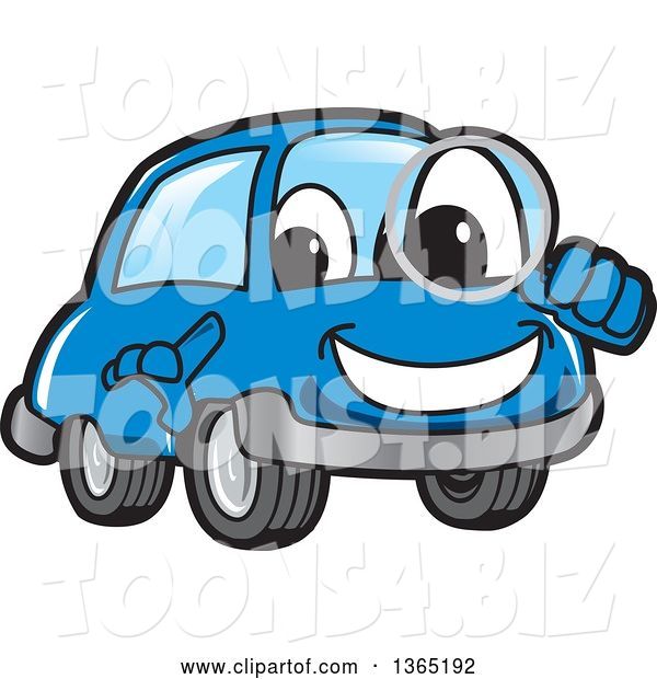 Vector Illustration of a Cartoon Blue Car Mascot Searching with a Magnifying Glass