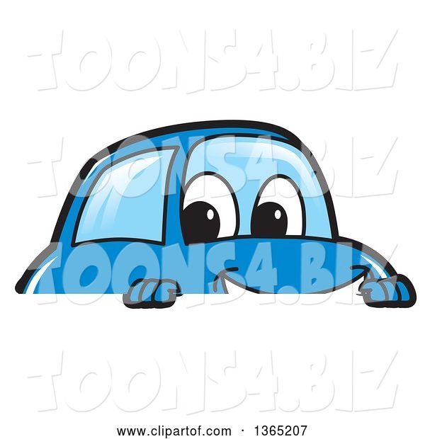 Vector Illustration of a Cartoon Blue Car Mascot Smiling over a Sign