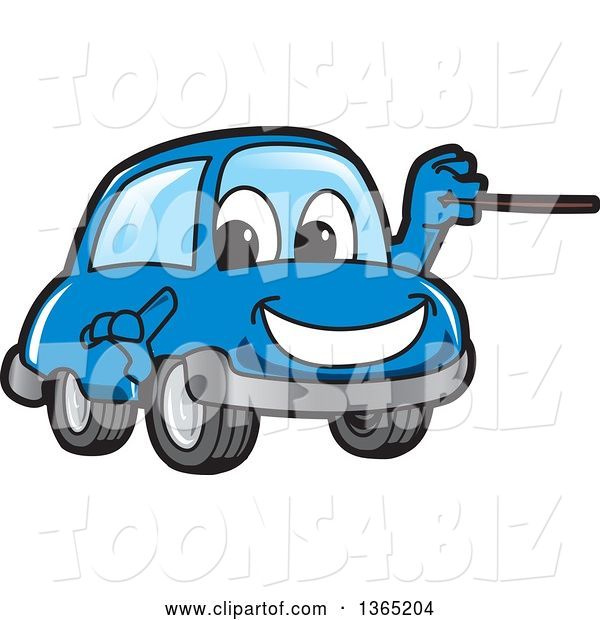 Vector Illustration of a Cartoon Blue Car Mascot Using a Pointer Stick