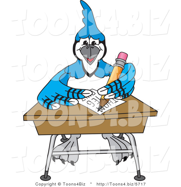 Vector Illustration of a Cartoon Blue Jay Mascot Doing Homework at a Desk