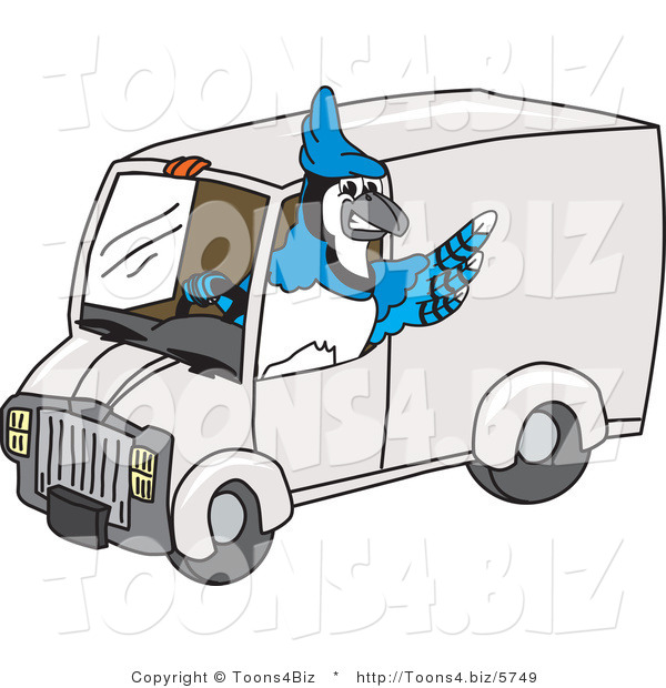 Vector Illustration of a Cartoon Blue Jay Mascot Driving a Delivery Van