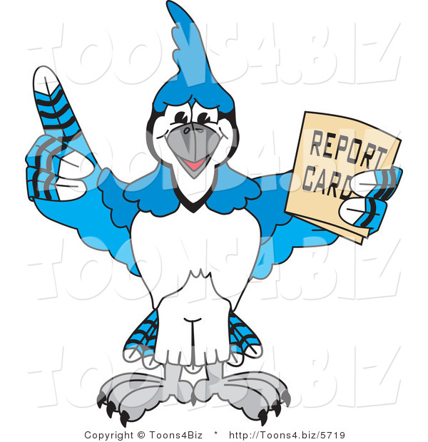 Vector Illustration of a Cartoon Blue Jay Mascot Holding a Report Card