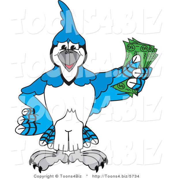 Vector Illustration of a Cartoon Blue Jay Mascot Holding Cash