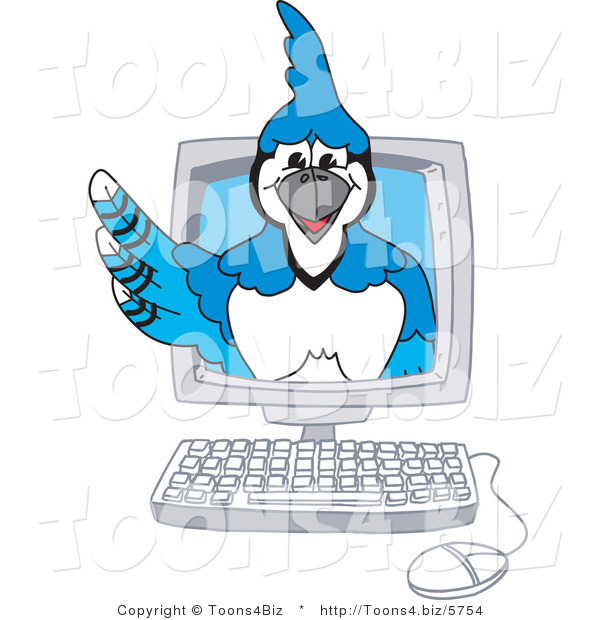 Vector Illustration of a Cartoon Blue Jay Mascot in a Computer